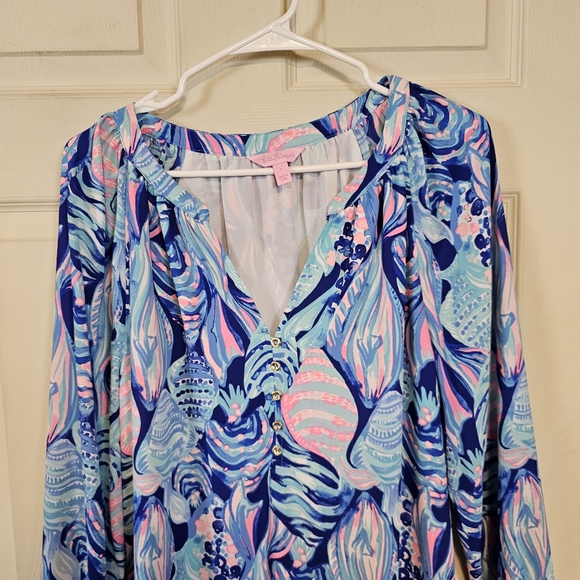 Lilly Pulitzer Brynle Twitlight Blue Scale Up Shift Dress Long Sleeve Vneck - Picture 5 of 7